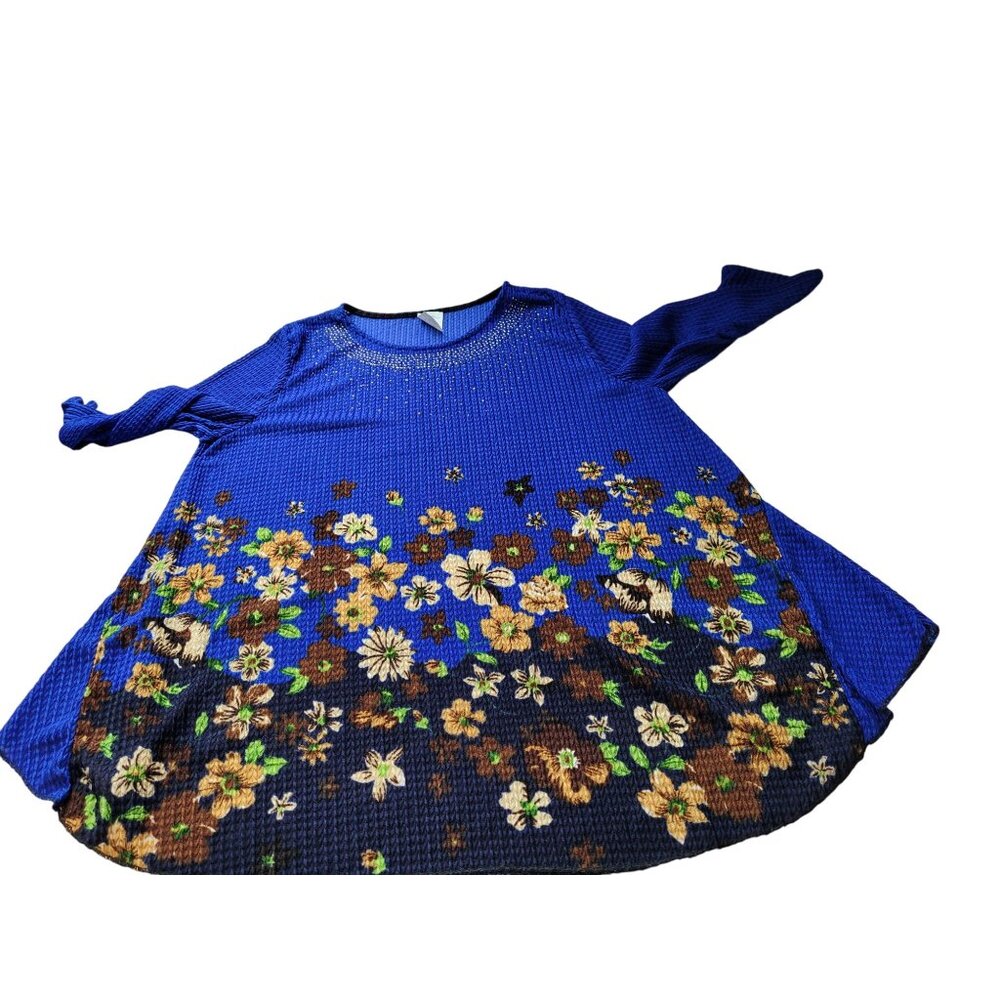 Blue Floral Womens Tunic Top XL Rhinestone Embellished 3/4 Sleeve Stretch - Picture 6 of 9